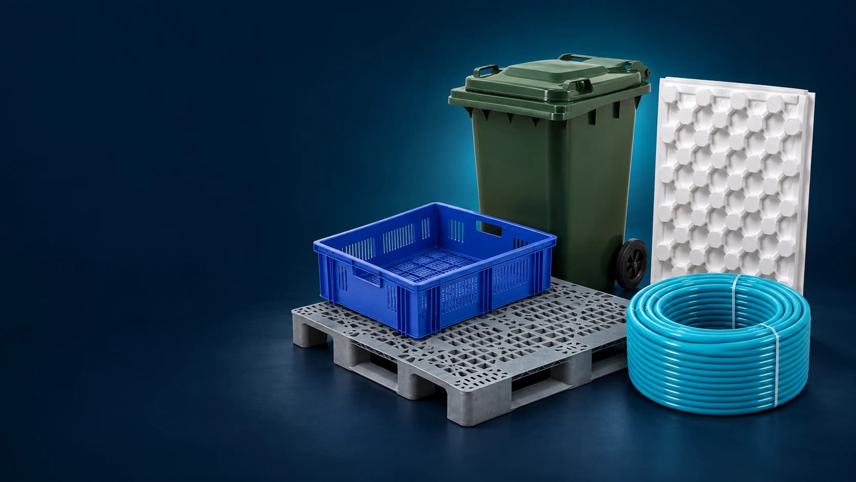 Plastic crate, pallet, waste bin, underfloor heating pipe and insulation board together
